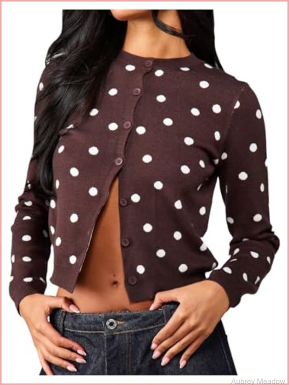 Lightweight Polka Dots Button Down Cropped Cardigan Long Sleeve Knit Top